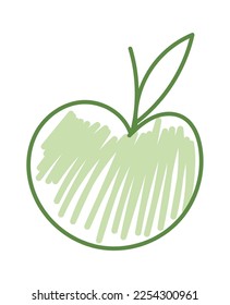 Green apple drawn by hand flat icon Children picture. Vector illustration