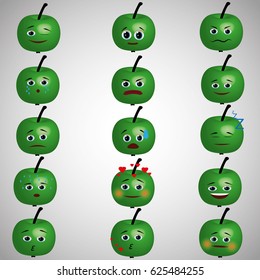 Green Apple with faces. Emoticons apples on gray background.