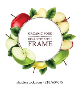 Green apple frame with orgranic food symbols realistic vector illustration