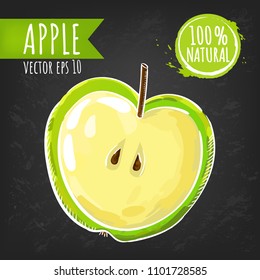 Green Apple. Fresh fruit bright sketch style vector. Juicy fruits. Black chalkboard background. Eps 10