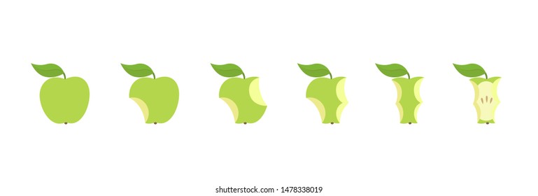 Green apple fruit bite stage set. From whole to apple core. Bitten and eaten. Animation progression. Flat vector illustration.
