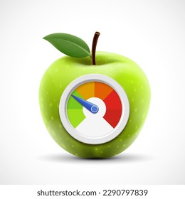 Green apple fruit with calorie level. Icon isolated on white background. Vector illustration.