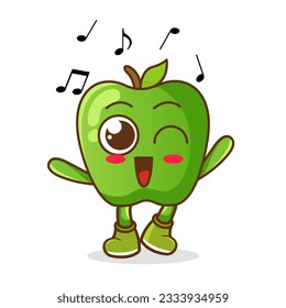 green apple Fruit cartoon mascot character Listening music. Cute green apple cartoon character dances to music