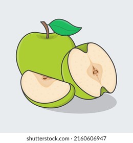 Ilustración del vector de dibujos animados Green Apple Fruit. Esbozo Y Todo El Contorno De Icono Plano De Apple