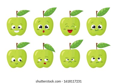 Green Apple fruit. Cute vector character set in various action emotions. Collection of funny fruit symbols isolated on a white background