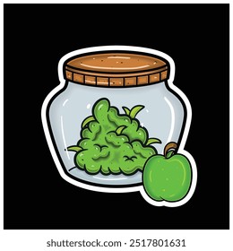 Sabor de fruta de manzana verde con la mascota de la historieta de Weed Bud en tarro. Para pegatina y etiqueta. Vector e ilustración.