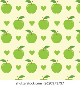 Green apple fruit with hearts seamless pattern vector illustration. 