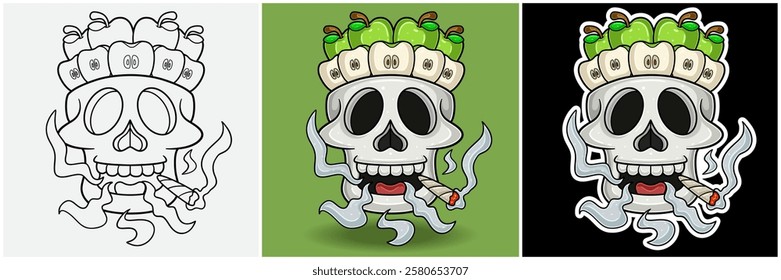 Green Apple Fruit Inside Skull Head With Smoking Character Cartoon. Black White, Colorful and Sticker Style. For T shirt print, Brand Logo, Label and Mascot product. Vectors Illustrations