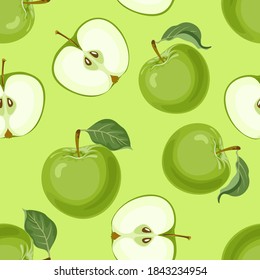 Green apple fruit and leaves seamless pattern. Food background. Vector cartoon flat illustration.
