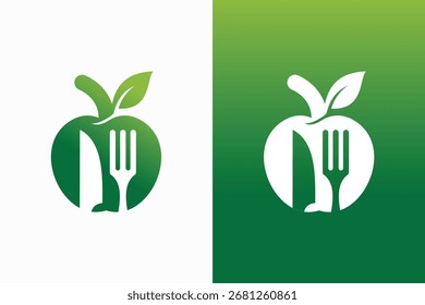 Logotipo de fruta de manzana verde con el símbolo del Vector del cuchillo y del tenedor