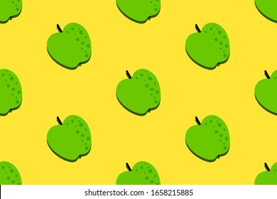 Grünes Apfelfruchtmuster. Nahtloser Sommerhintergrund. Helle Küche, häusliche Einrichtung oder gesundes Essdesign. Cartoon flaches Design. Vektorillustration.