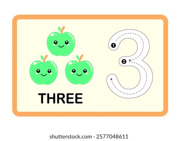 Green Apple Fruit Printable Number, Tracing Guide Flashcards