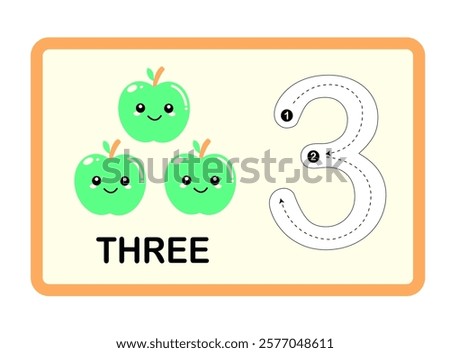 Green Apple Fruit Printable Number, Tracing Guide Flashcards