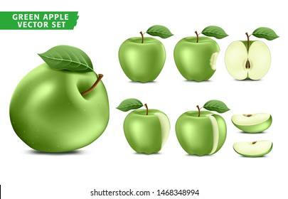 Green Apple Fruit Ripe Realistic 3D Food Vector Set. Whole Half and Sliced Version In Isolated White Background
