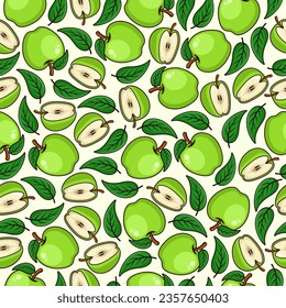 Green apple fruit seamless pattern background illustration for label product, shop logo, stamp, banner, and more