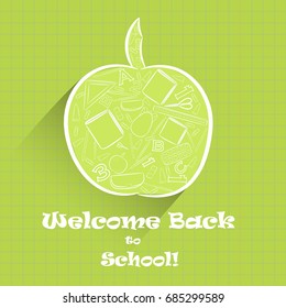   Green Apple Fruit Shape as Symbol of Knowledge with Numerous School Stuff Inside, Hand Drawn Digitally in White Outline and Placed on the Background Imitating Copybook in Cages. Vector EPS 10