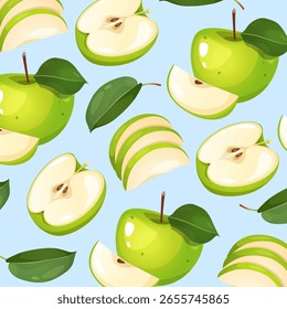 Green apple fruit vector seamless pattern with whole and half apples, apple slices and leaves isolated on light blue background.