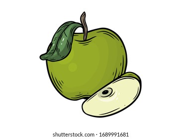 Green Apple fruit vector set. Engraved organic food hand drawn sketch engraving illustration. Green apple isolated on white background.