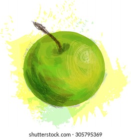 Green apple, fruit at white background with abstract green and yellow spots, artistic painting, hand drawn vector illustration