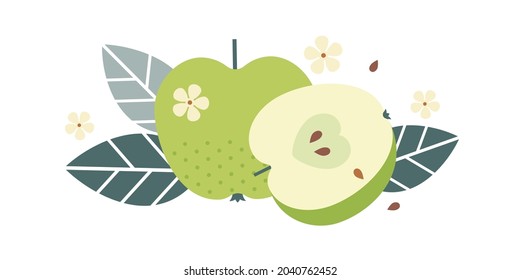 Green apple fruits. Flat illustration. Whole and cut fruits, apple seeds, leaves and flowers.