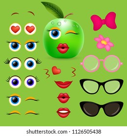 Green apple girl emoji maker, smiley creator. Vector set of emoticon body parts and accessories for your own cool emoji creation.