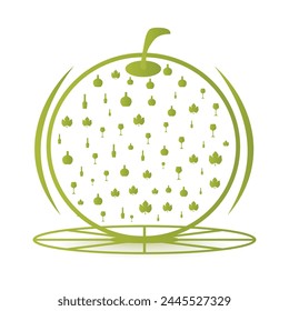 Manzana verde o fruta de uva con el icono plano de la hoja del Vector y diseño del logotipo