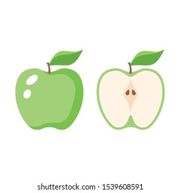 Green apple and a half apple colorful vector illustration. Green apple and sliced one cartoon. 