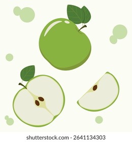 Green apple, half of green apple, slice of green apple. A simple and juicy vector image of a green apple, in different shapes.