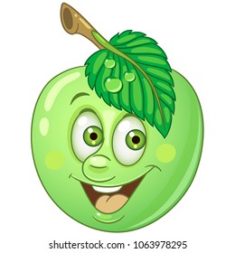 Green Apple. Happy Fruit concept. Funny Emoticon. Smiley idea. Emoji cartoon design for kids coloring book, colouring page, t-shirt print, icon, logo, label, patch, sticker.