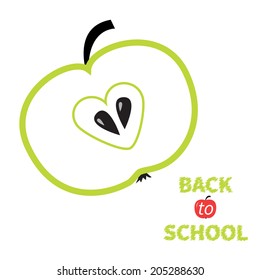 Green apple with heart center seed. Back to school. Flat design. Vector illustration