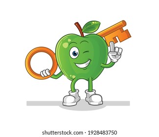 green apple holding a key illustration. character vector