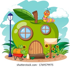 Casa verde de manzana y adorable gusano en el estilo de caricatura del jardín en la ilustración del fondo del cielo