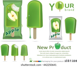 green apple ice cream with packaging design.Plastic Pack Template for your design and branding. Vector