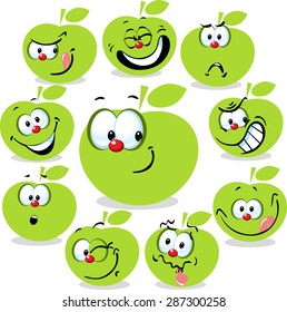 green apple icon cartoon with funny faces isolated on white