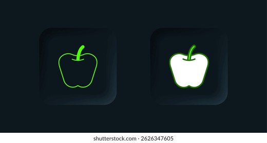 Ícone verde da Apple isolado no fundo preto. Peso em excesso. Menu de dieta saudável. Fitness dieta maçã. Botão quadrado preto. Vetor