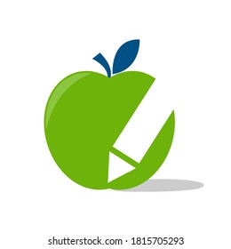 Green Apple icon with pen symbol in negative space isolated on white background