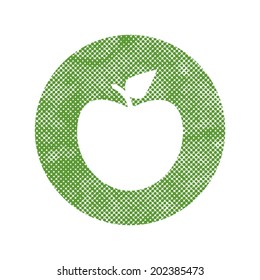 Green apple icon with pixel print halftone dots texture.