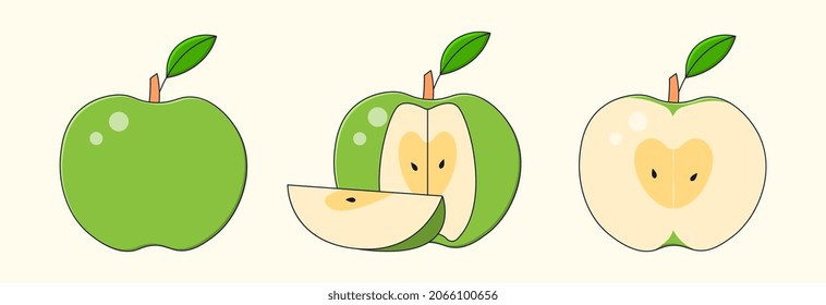 Green apple icon set. Colorful sticker with whole fruit, half and sliced piece. Design element for grocery stores and packaging. Cartoon modern flat vector collection isolated on white background