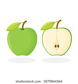 Icono verde de Apple. manzanas verdes vectoriales que se dividen a la mitad del fondo blanco.