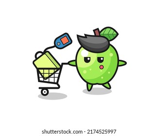 green apple illustration cartoon with a shopping cart , cute style design for t shirt, sticker, logo element