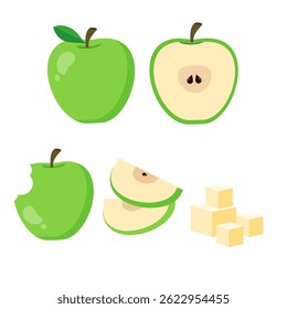 Green apple illustration set. Whole and sliced fruit illustration. Healthy food vector. Diet menu 