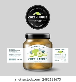 Green Apple Jam. Sweet food. Design of label with flat illustration and texts. Mock up of Glass Jar with Label.