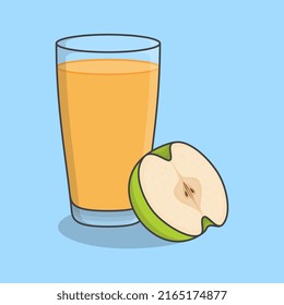Green Apple Juice With Fruit In Glass Cartoon Vector Illustration. Apple Juice Flat Icon Outline