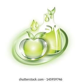 Green apple and green apple juice in glass bottle, EPS 10, isolated