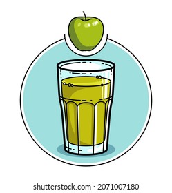 Green apple juice in a glass isolated on white background vector illustration, cartoon style logo or badge for pure fresh juice, diet food beverage delicious and healthy. 