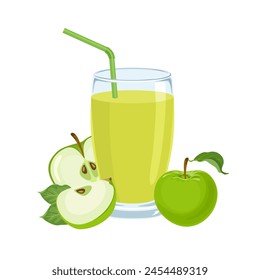 Green apple juice in glass isolated on white background. Fresh fruit drink. Vector cartoon illustration.