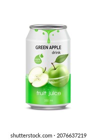 Green apple juice soft drink in aluminum can and design of apple fruit green packaging mock up.  Isolated on a white background. Realistic vector EPS10 illustration.