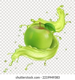 Green apple in with juice splash realistic isolated vector. Apple natural drink
