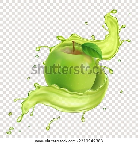 Green apple in with juice splash realistic isolated vector. Apple natural drink