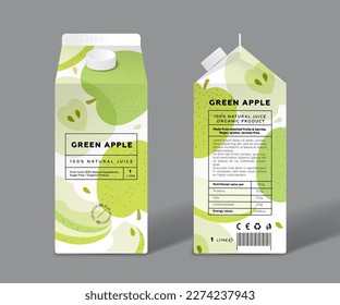 Green Apple juice. Template packaging design. Whole and cut transparent fruits.